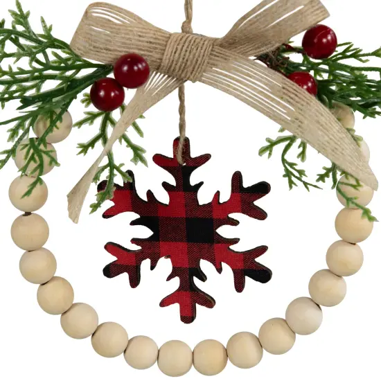 Northlight Buffalo Plaid Snowflake Wooden Beads Christmas Wreath Ornament - 7" Beige {6}