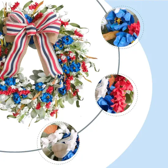 20 Inch Patriotic Red White Blue Flowers Wreath Wall Decor Forth of July Lamb Ears Leaves Wreath for Inside and Outside {2}