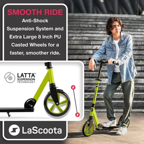 LaScoota Kick Scooter for Adults & Teens. Perfect for Ages 8-14 and Men & Women. Lightweight Foldable Adult Scooter with Large 8&rdquo; Wheels 220lbs (Regular (Teen), Yellow) Green {7}