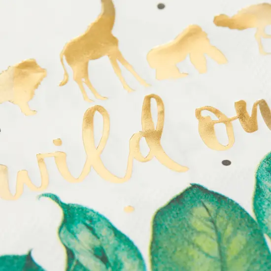 50 Pack Wild One Napkins for Jungle Safari First Birthday Party Supplies, Animal Print Napkins for Boys or Girls Party, Green Leaves with Gold Foil Accents (5 x 5 In) {5}