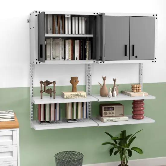Grey Metal Wall 2 Door Cabinet with Lock and 3-Position Adjustable Shelves and 2 Open Shelves {3}
