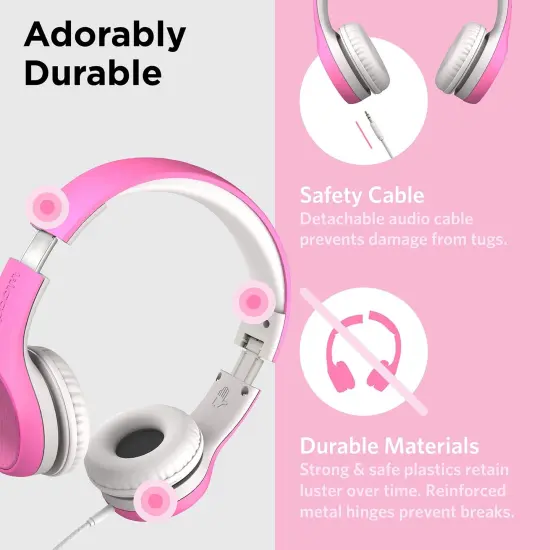 LilGadgets Connect+ Style On-Ear Kids Headphones with Microphone - SharePort Technology, SoftTouch Padding, Detachable Cable, Noise Reduction, Durable & Adjustable - Pink, Ages 3-14 {3}