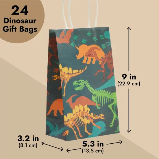 24 Pack Dinosaur Goody Bags with Handles, 5.3x3.2x9 Inch for Kids Birthday, Party Favors, Treats, Fossil Print Design {4}