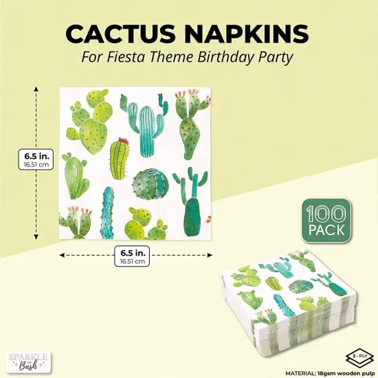 Succulent Cactus Paper Napkins for Fiesta Birthday Party (6.5 In, 100 Pack) White {2}