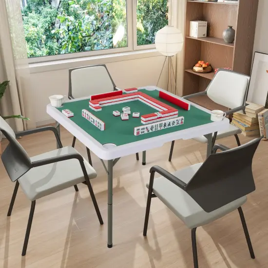Portable Folding Mahjong Table with Cup Holders and Game Mat Green {3}