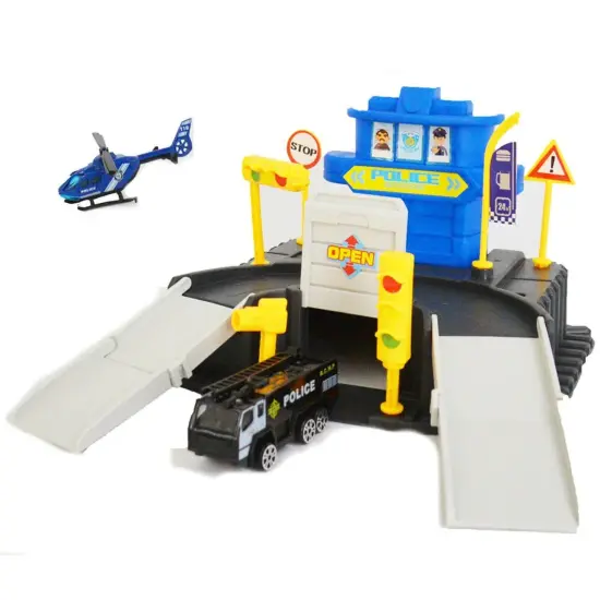 Kitcheniva Kids Police Station Playset Toy Gift With Ramps Garage Car Helicopter Map {1}