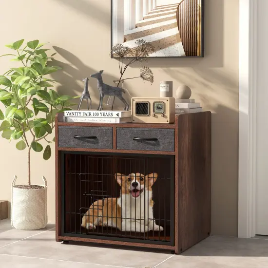 Brown Dog Crate Cage End Table with 2 Fabric Drawers Ideal for Small or Medium Pets {3}