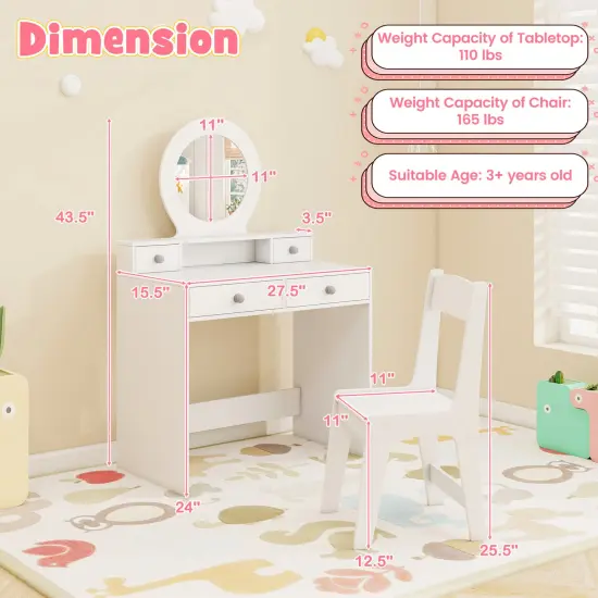 MDF Kids Vanity Set with Acrylic Mirror, Storage and Chair White {5}