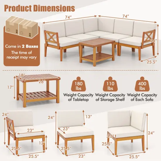 6 Pieces Wooden Patio Conversation Furniture Set with 2-Tier Rectangular Coffee Table {5}