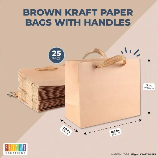 25 Pack Brown Kraft Paper Gift Bags with Soft Cloth Handles, Birthday Party Favor Shopping Bag, 8.6x7x3.9 in. {2}