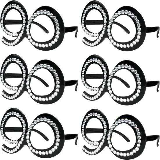 90th Birthday Glasses - Funny Photo Booth Props for Anniversary Celebration Decoration, Plastic Frame with Crystal Party Favors, Novelty Eyewear for Kids and Adults 6 Pack {1}