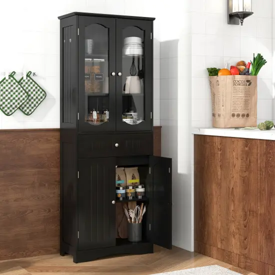 63 Inch Tall Freestanding Bathroom Storage Cabinet with 3-Position Adjustable Shelves and 2 Glass Doors Black {1}