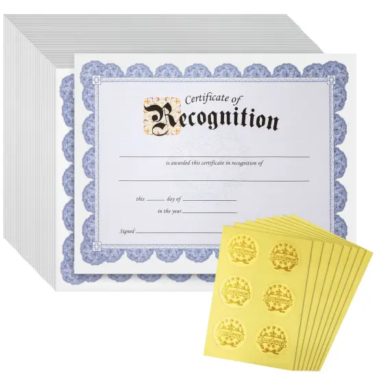 48 Sheets Blue Floral Certificate of Recognition Paper for Printing with Gold Foil Sticker Seals - Customizable with Border for Graduation, Diploma, Completion Award Documents (8.5 x 11 in) {1}