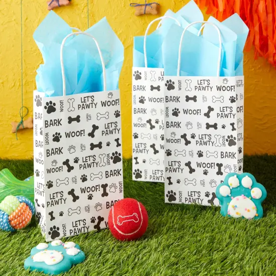 24 Pack Paw Print Gift Bags with Handles For Goodies, Party Favors, Let's Pawty Party Decorations (5.3 x 3.2 x 9 In) White {2}