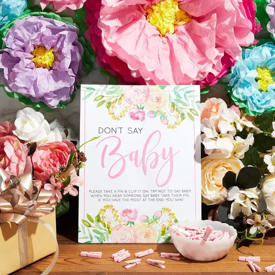 Floral Baby Shower Clothespin Game For Girl, Don't Say Baby Theme with 60 Pink Clothes Pins and 8x10-Inch Sign {2}