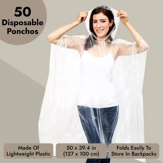 50 Pack Disposable Rain Ponchos for Adult, Bulk Emergency Ponchos with Hood, Individually Wrapped Raincoats (One Size) Clear {4}