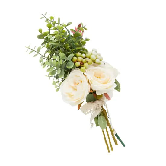 Champagne Silk Roses, Eucalyptus and Berry Bridal Bouquet, Wedding Centerpiece (15.7x7 In) Pink {7}