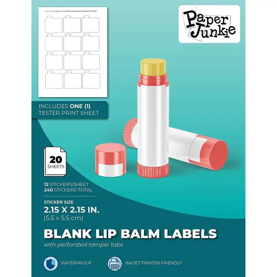 Paper Junkie 240 Pack Printable Lip Balm Labels for Tubes - Bulk Customizable Stickers for Containers (20 Sheets, 2.15x2.15 in) White {6}
