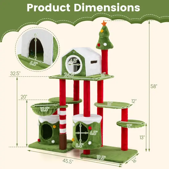 Multi-Color Engineered Wood Christmas-Themed Tall Cat Tree with Condos and Groomer {5}