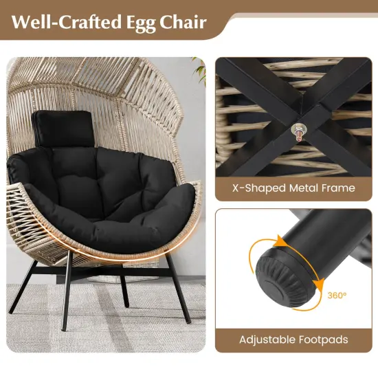 Costway Oversized Egg Style Chair with Cushions & Headrest Heavy-Duty Metal Frame for Yard Off White/Grey/Black {6}