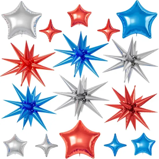 Red Blue Silver Star Balloons, 16 Pcs 22/18/10 Inch Star Foil Mylar Balloons, Explosion Cone Star-Shape Four-Pointed Balloon for Kids Boy Birthday Graduation Wedding Baby Shower Hero Party Decoration {1}