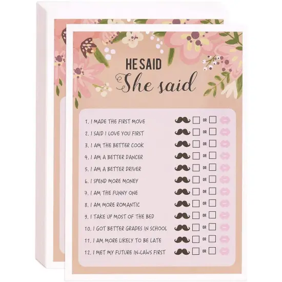 Floral Bridal Shower Games, He Said She Said Guessing Game for Wedding (50 Pack) Pink {1}