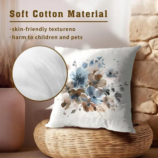 Floral Throw Pillow Covers Watercolor Blue Flowers Pillowcase Ink Art Style Home Decorative Soft Square Cushion Cover 18X18 Inch for Sofa Bedroom Living Room,Set of 2 {3}