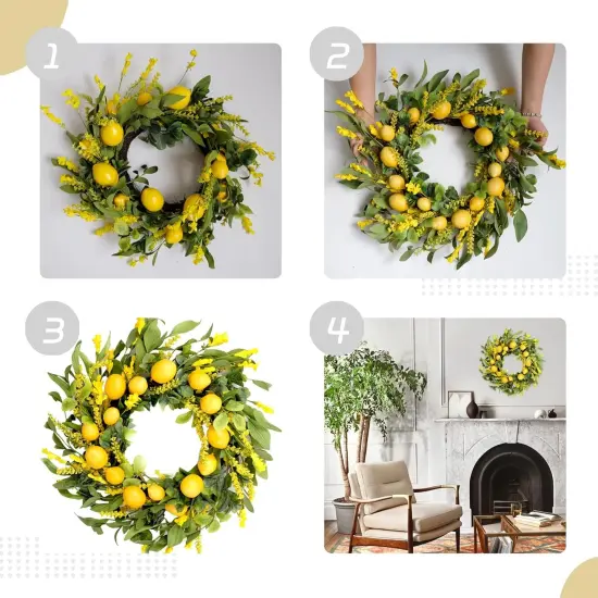 20 inch Artificial Lemon Wreath Spring Fruit Wreath with Yellow Lemon and Artificial Green Leaves for Front Door, Window and Wall Hanging Decorations, Holiday Decorations {2}