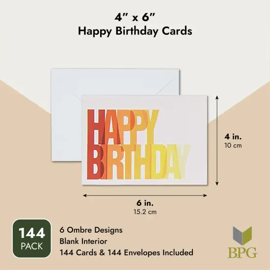 144 Pack Happy Birthday Cards Bulk Box Set with Envelopes for Students, Work, Office, Colorful Ombre Font (6 Designs, 4x6 In) Multicolor {4}