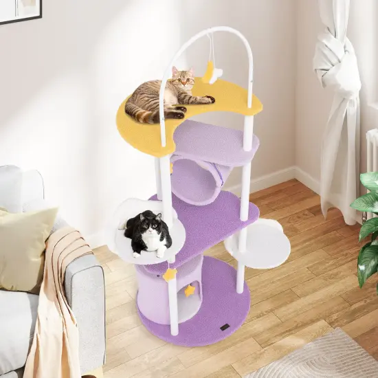White and Purple Engineered Wood Cat Tree with Tunnel, Hammock and Toys {2}