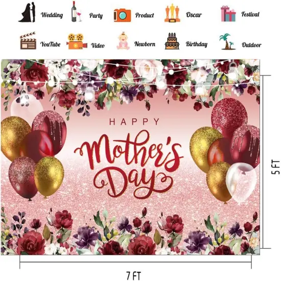 7X5ft Mother's Day Background Flowers Balloons Party Background Mothers Day Party Decoration Banner Happy Mother's Day Background CY-222 {5}