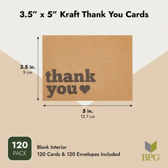 120 Pack Kraft Paper Thank You Cards with Envelopes - Bulk Thank You Cards for Wedding, Graduation, Baby Shower, Commerce (Heart Design, 3.5x5 In) Brown {5}