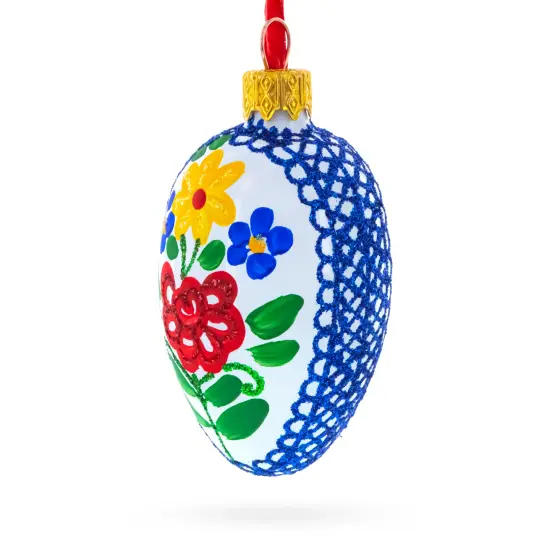 White with Multicolor Floral and Blue Lace Accents Mini Glass Egg Ornament 2.9 Inches {3}
