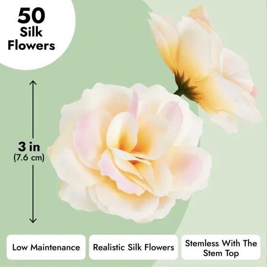 50 Pack Champagne Roses Artificial Flowers Bulk, 3 Inch Stemless Fake Silk Roses for Decorations, Wedding, Faux Bouquets Gold {4}