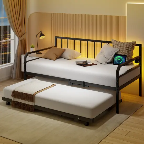 Adjustable Twin Daybed with Pop-Up Trundle, LED Lights and Power Strip Black {5}