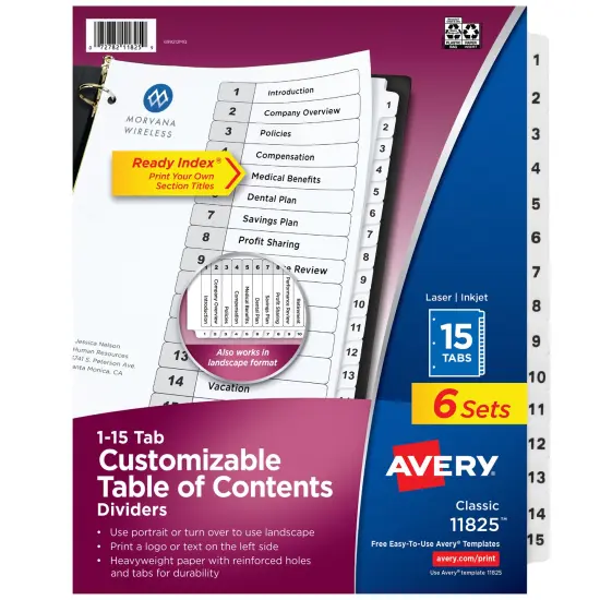 Avery Dividers for 3 Ring Binders, 15 Tabs per Set, Customizable Table of Contents, Classic White Tabs (6 Sets of 11825) {1}