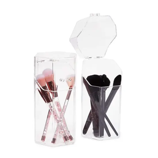Glamlily 2-Pack Clear Acrylic Makeup Brush Holder with Lids - Covered Hexagon Cosmetic Organizer and Storage for Brushes, Mascara, Eyeliner, Beauty Supplies (4.3x3.9x8 in) {6}