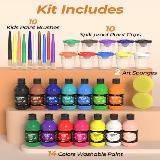 14 Colors Large Washable Paint for Kids 8.45oz/250ml, Non Toxic Children Tempera Finger Paints with Paint Brushes, Cups and Sponge {2}