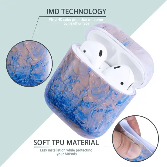 For Apple AirPods 2 / 1 Case, Blue and Gray Marble Protective Cover with Keychain for Women Men {3}