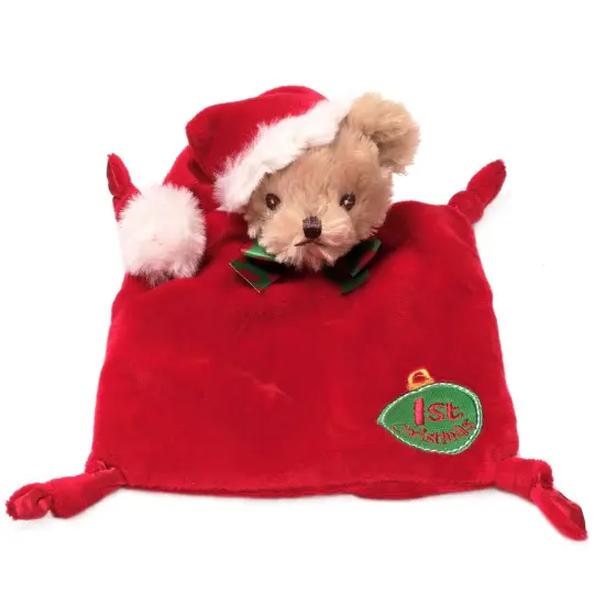 Bearington Baby Wee 1st Christmas, 8 x 7 Inch Small Teddy Bear Holiday Stuffed Animal, Christmas Baby Blanket, Santa Security Blanket Red {1}