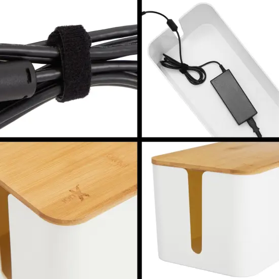 Box for Cable Management, 1 Large ABS Cord Organizer Box with Bamboo Lid, White {3}