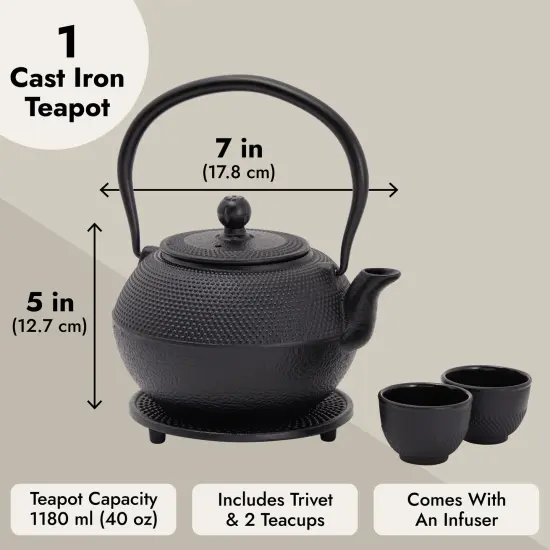 Cast Iron Teapot, Japanese Tetsubin Kettle Set with 2 Cups, Tea Infuser (1200 ml, Black) {3}