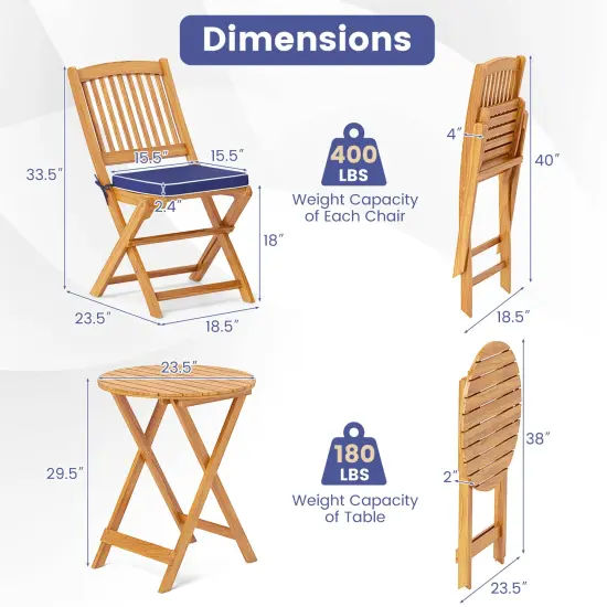 3 Pieces Acacia Wood Patio Folding Bistro Set with Soft Cushions and Slatted Backrest Navy {5}