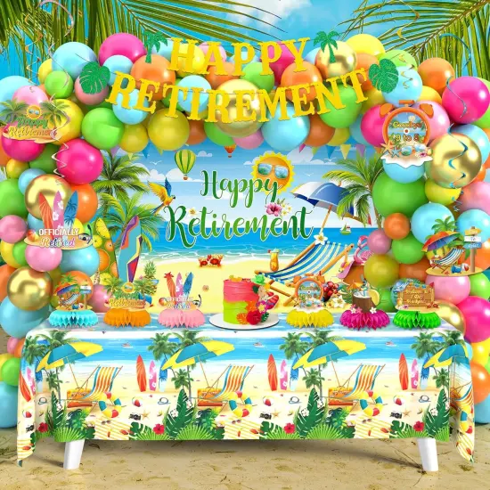 Summer Themed Happy Retirement Party Supplies with Hanging Swirl Honeycomb Centerpiece Banner Balloon Arch Kit for Tropical Hawaii Pool Retired Party Decor {5}
