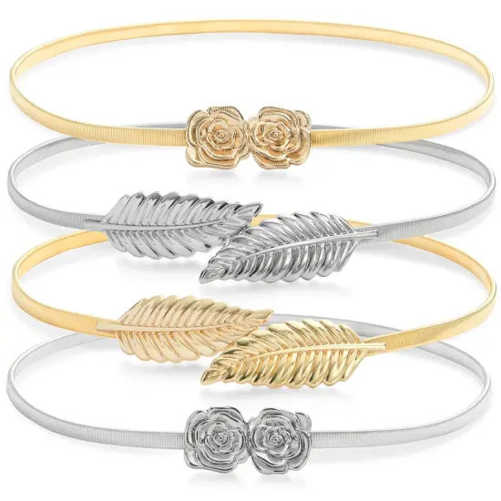 Juvale 4-Pack of Adjustable Fancy Dress Belts for Women, Skinny Stretch Metallic Waist Belts for Dresses, Blouse, Leaf and Rose Designs, Silver and Gold (27x0.35 In) {1}