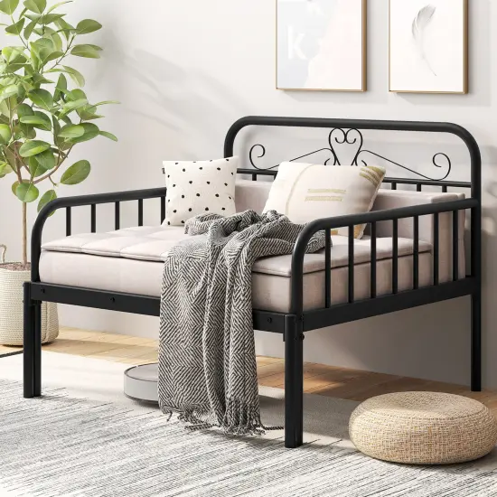 Twin Size Extendable Metal Daybed with Guardrails and Armrests Black {2}