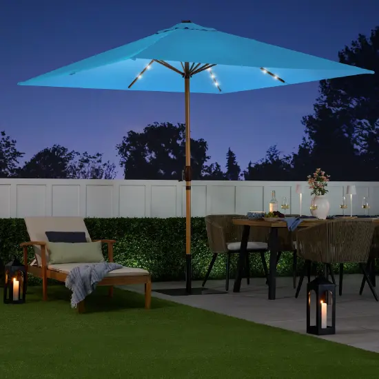 Best Choice Products 9ft Deep Square Solar LED Lighted Patio Umbrella w/ Faux Wood Texture, UV-Resistant Sky Blue {6}