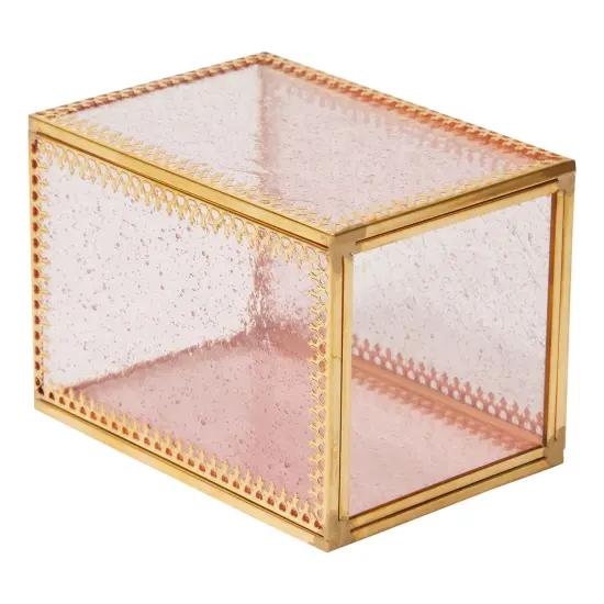 Gold Makeup Brush Holder for Vanity, Vintage Brass Frame and Pink Glass Storage Organizer {7}