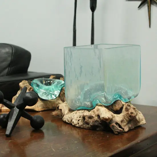 Teak Driftwood Glass Square Vase/Bowl - 8" High - Nature-Inspired Decor Brown {7}