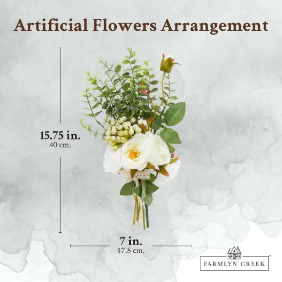 White Silk Roses, Eucalyptus and Berry Bridal Bouquet, Wedding Centerpiece (15.7x7 In) {3}